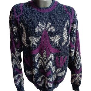 Vintage Men's Ugly Sweater XL 1980's Zeppelin Wild Purple Abstract AOP Korea XL